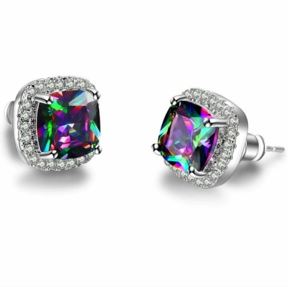 NEW Cushion Mystic Topaz Diamond Halo Earrings - Picture 5 of 5